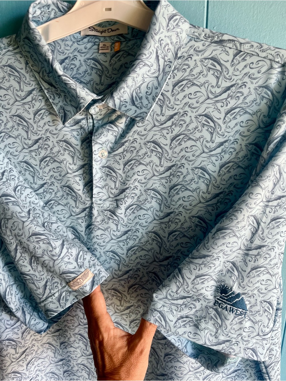 PGA WEST Men's Light Blue Printed Long-Sleeve Polo Shirt